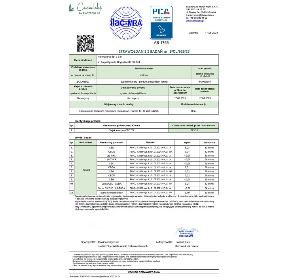 Olejek konopny Nanocanna Full Spectrum - 5% CBD CBGA 500mg 10ml