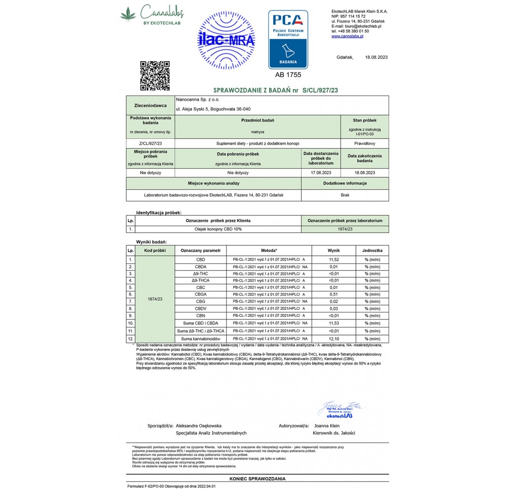 Olejek konopny Nanocanna Full Spectrum - 10% CBD CBGA 1000mg 10ml