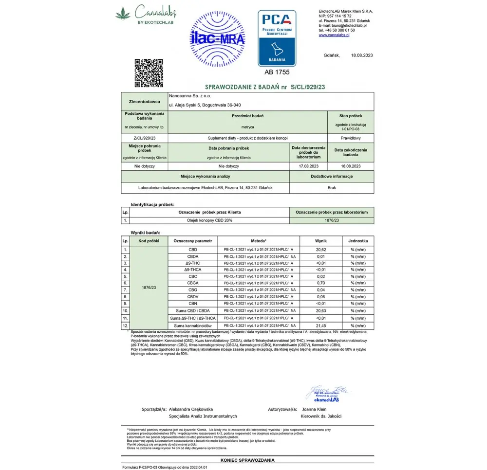 Olejek konopny Nanocanna Full Spectrum - 20% CBD CBGA 2000 mg 10ml