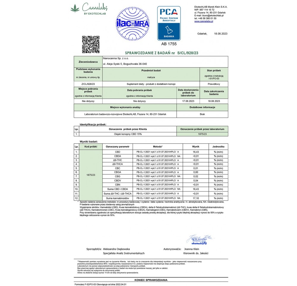 Olejek konopny Nanocanna Full Spectrum - 15% CBD CBGA 1500 mg 10ml